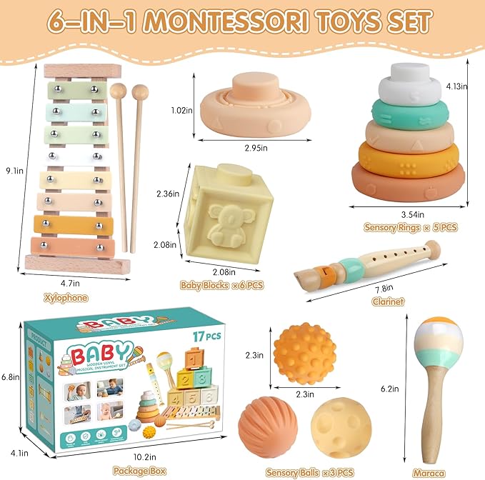 Baby Toys Montessori Toys 6 in 1 Musical Instruments for Toddler, Stacking Blocks Development Learning Educational Toy with Wooden Xylophone Infant Baby Birthday Gift