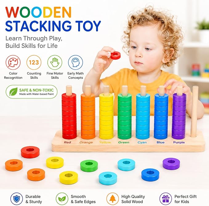 Montessori Wooden Color Sorting Stacking Toys, Montessori Toys Rainbow Rings Game with 70 Pieces, Fine Motor Skills Learning Toy, Educational Preschool Gift for Boys Girls Age 3 4 5+ - Image 2