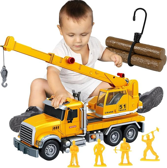 15 Inch Friction Powered Crane Truck Toy with Lights, Sounds & Movable Arms - Construction Vehicle Gift for Kids Boys Girls Ages 3-7
