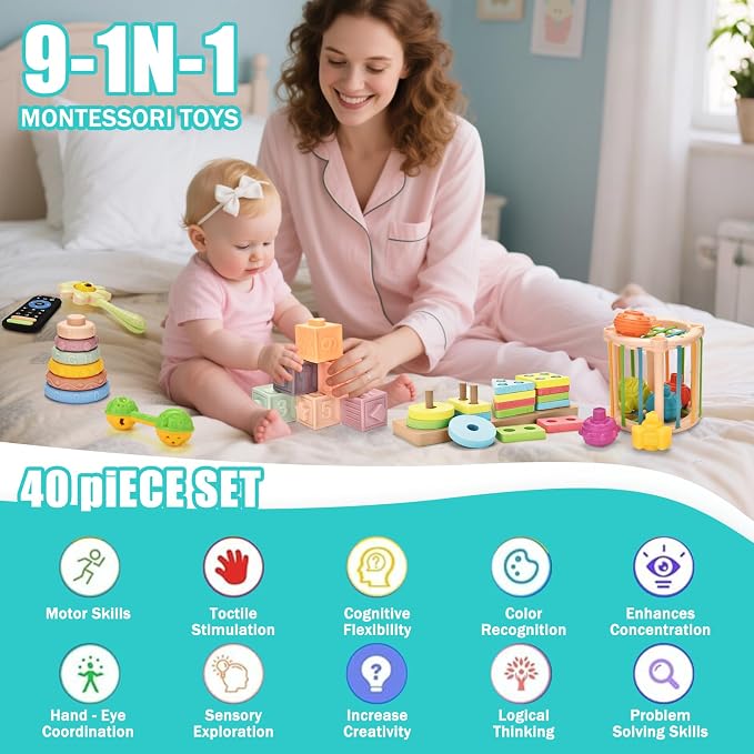 Baby Toys 6 to 12 Months 9 in 1 Montessori Teething Toys Sorting Sensory Educational Learning Gift for Toddlers Aged 1-3 - Image 2