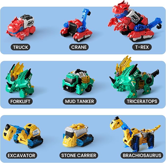 Magnetic Dinosaur Transforming Robot Toys, 6-in-1 Dino Construction Trucks for Kids, Magnetic Car Toys for Boys Girls Age 3 4 5 6 7 8, STEM Educational Christmas Building Gift