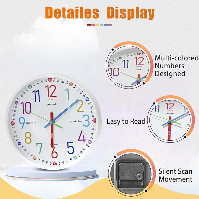 Learning Clock for Kids,10'' Silent Non-Ticking Teaching to Tell Time Colorful Wall Clocks for Children's Room Bedroom Classroom Home Decor, Gifts for Christmas Birthday (White) - Image 3