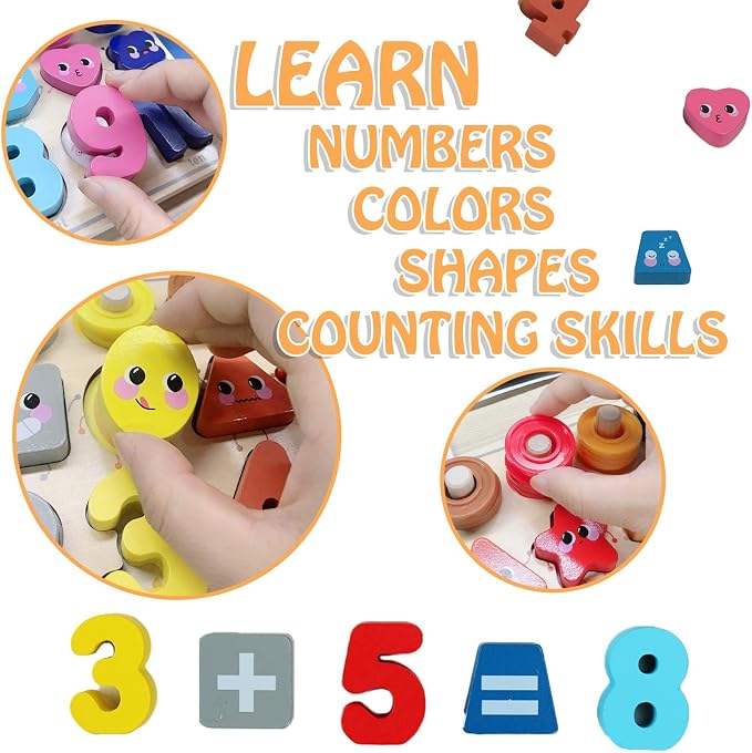 QZMTOY Wooden Montessori Toys for Kids, Toddler Number Puzzles Sorter Counting Shape Stacker Stacking Game Preschool Toys for Boy Girl Learning Education Math Blocks Chunky Puzzles Gift for Toddlers - Image 4