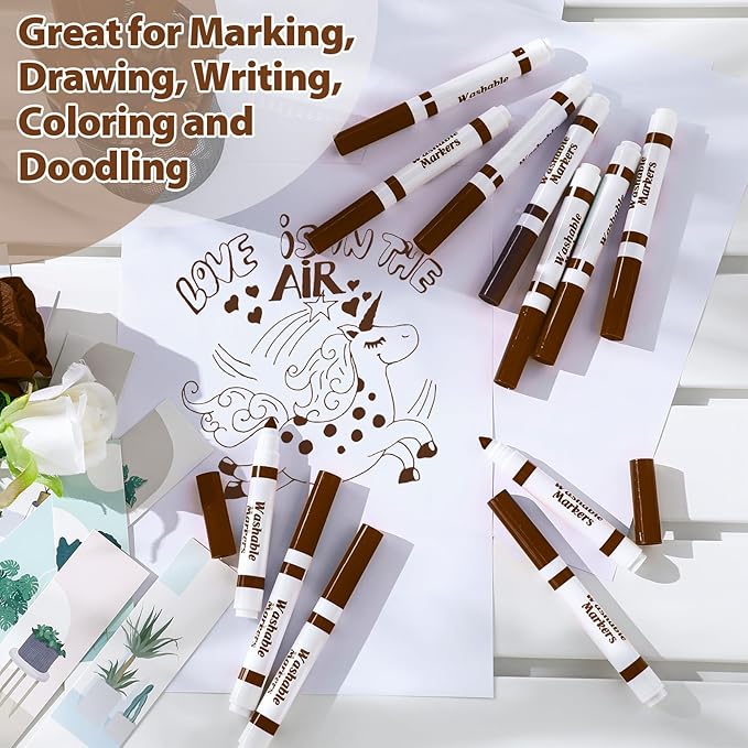 Janlaugh 36 Pcs Dark Brown Washable Markers Bulk Coloring Broad Line Markers for Kids Conical Tip Drawing Pen for Christmas, School, Travel Art Baby Shower Gender Reveal Party Supplies, Ages 6+