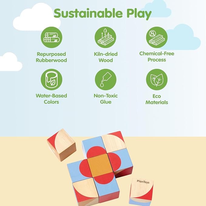 PlanToys® Wooden Geo Pattern Cubes Montessori Puzzle Kids STEM Learning Toy - Image 3