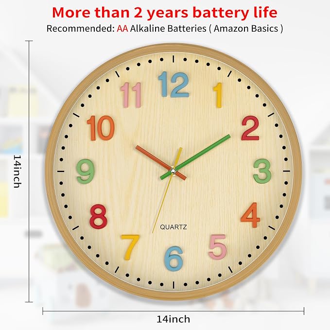 Foxtop 14 Inch Kids Wall Clock Silent Non-Ticking Battery Operated Colorful Childrens Wall Clock for Classroom Playroom Nursery Bedrooms Kids Room School (3D Numerals) - Image 2
