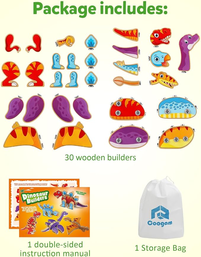 Coogam Dinosaur Snap Together Building Toys, Wooden Take Apart Dinosaur Playset, STEM Montessori Educational Fine Motor Skill Toy Gift for 3 4 5 Years Old Kids - Image 5