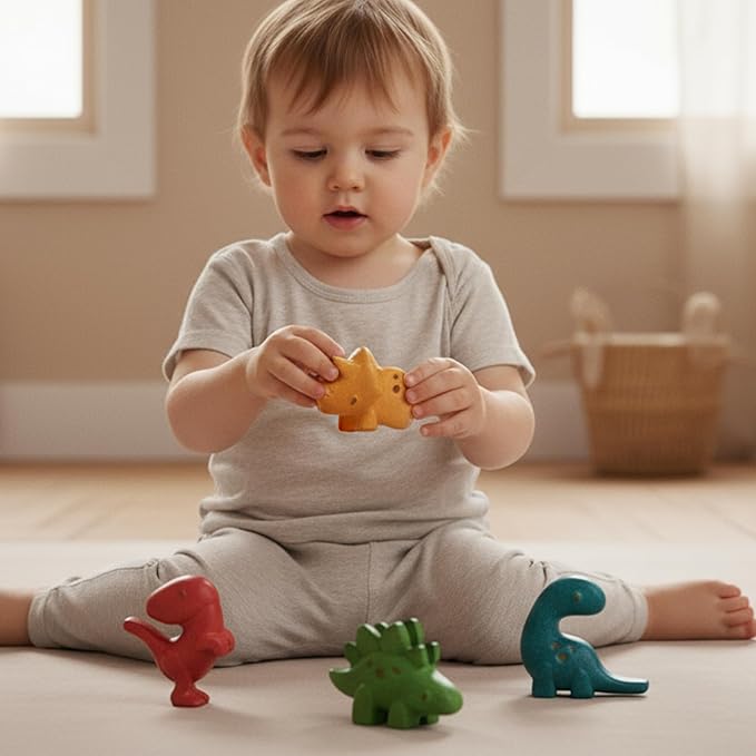 PlanToys 4 Dinosaur Dino Animal Playset (6126) | Sustainably Made from Rubberwood and Non-Toxic Paints and Dyes | Eco-Friendly PlanWood
