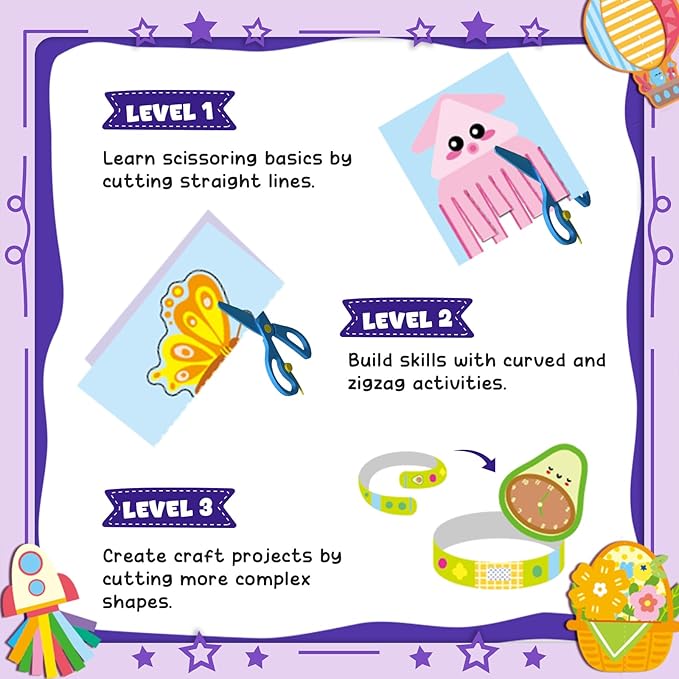 YoPoll Scissor Skills Activity Book for Kids, Toddler Arts and Crafts Kit with 2 Safety Scissors, Preschool Learning Toy for Fine Motor Skills and Creative Cutting Practice, Fun Gift for Boys & Girls