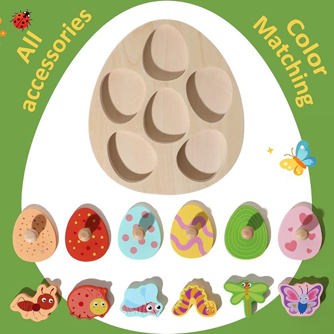 Montessori Insect Matching Eggs Peg Puzzle, Wooden Color Shape Sorting Toy for 1 Year Old Boys Girls, Early Educational Fine Motor Skills Learning Toy Gifts for 12-18 Months 1 2 Year Old Toddlers - Image 5
