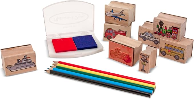Melissa & Doug Wooden Stamp Set: Vehicles - 10 Stamps, 5 Colored Pencils, 2-Color Stamp Pad - Image 4