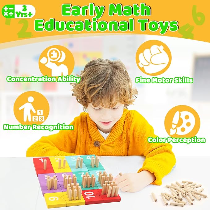 TEUVO Counting Pegs Board Montessori Toys for Kids Aged 3 4 5 6 Years Old, Wooden Early Math and Number Digital Plunger Manipulatives Materials Game for Toddlers Home Kindergarten Daycare Classroom - Image 6