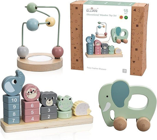 ELLIANI Montessori Toys for 1 Year Old - 3-in-1 Wooden Toy Set with Stacking Toy, Pull Toy, Bead Maze, Educational Gift for Toddlers Age 1-3