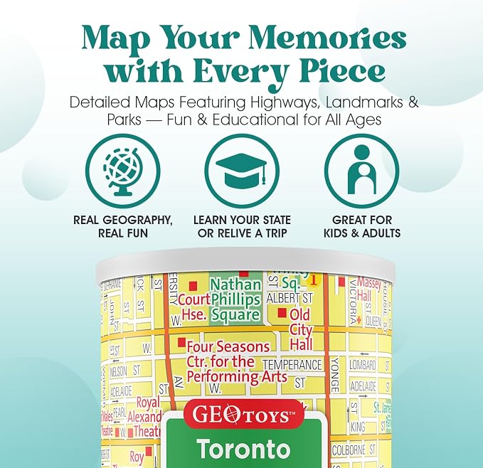 Geotoys Toronto Mini Puzzle - 100 Piece Puzzles for Kids and Adults in Portable Can, 13" x 10" Educational Travel Puzzle for Ages 7 and Up - Mini Puzzles to Learn & Explore Geography - Image 4