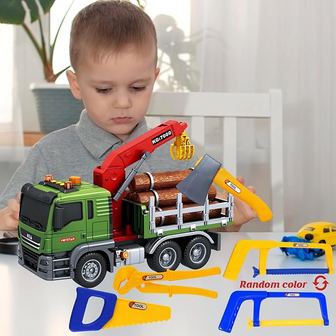 15 Inch Friction Powered Timber Truck Toy with Loading Crane, 6 Wooden Logs & Lights/Sounds - Play Vehicle Gift for Boys Girls Kids Ages 3-7