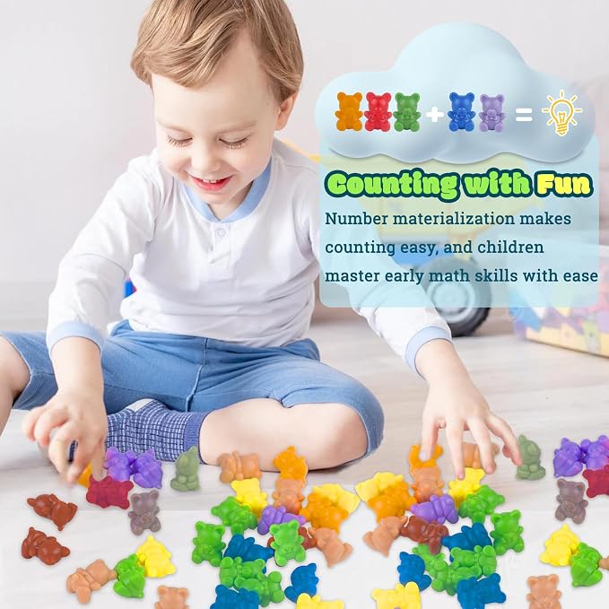 XINHUIDALSQ Rainbow Counting Bears Set of 100, 10 Colors Sorting Teddy Plastic Bears Math Manipulatives for Toddlers, 1 Inch Bear Conters Ages 3+ Kids - Image 8