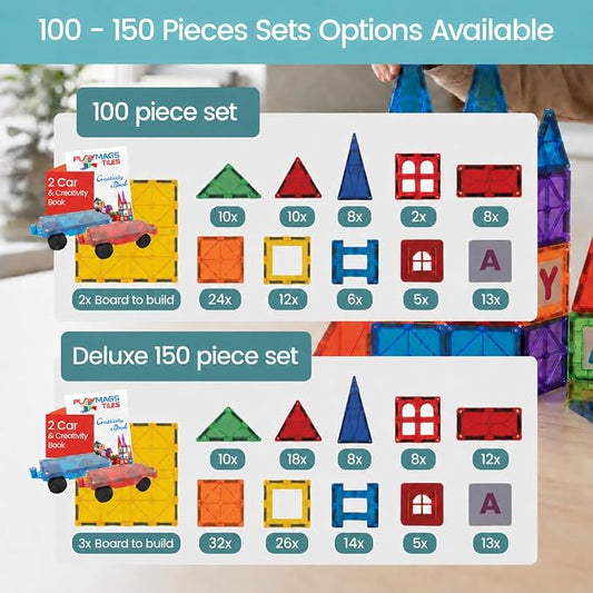 Playmags Magnetic Tiles for Kids 150-Piece Set, STEM Educational Building Blocks Toys for Kids, Includes Click-in ABC Learning Tiles, Gift for Boys & Girls, Add on Magnetic Figures, Car Set Available - Image 2