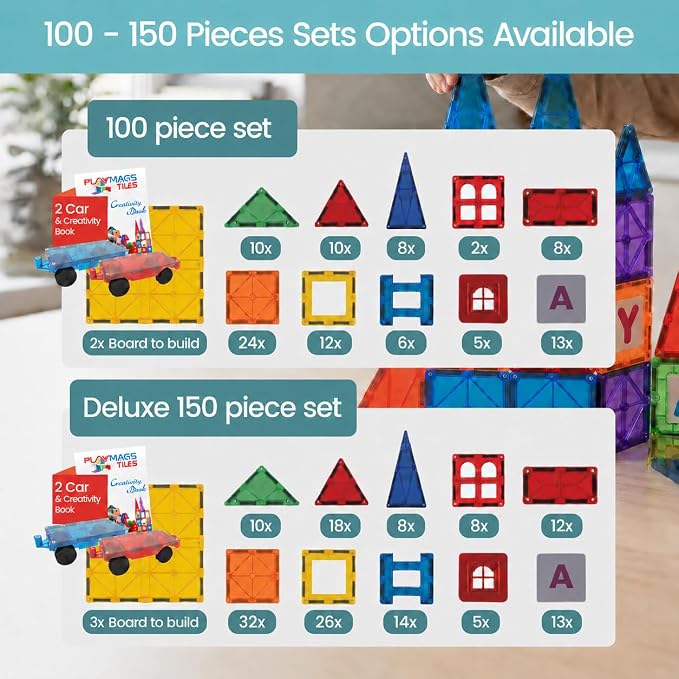 Playmags Magnetic Tiles for Kids 100-Piece Set, STEM Educational Building Blocks Toys for Kids, Includes Click-in ABC Learning Tiles, Gift for Boys & Girls, Add on Magnetic Figures, Car Set Available - Image 2