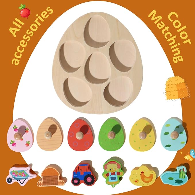 Montessori Farm Theme Matching Eggs Peg Puzzle, Wooden Color Shape Sorting Toy for 1 Year Old Boys Girls, Early Educational Fine Motor Skills Learning Toy Gifts for 12-18 Months 1 2 Year Old Toddlers - Image 5