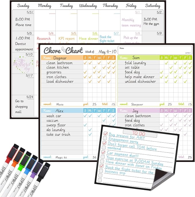 Magnetic Dry Erase Chore Chart and Calendar Bundle for Fridge - Chore Chart for Multiple Kids,Monthly Calendar,One Bonus to-do Whiteboard and 6 Extra Fine Tips Markers Included! by JJPRO