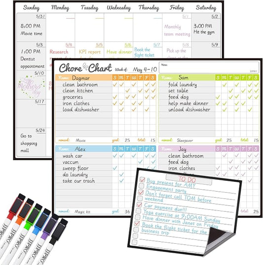 Magnetic Dry Erase Chore Chart and Calendar Bundle for Fridge - Chore Chart for Multiple Kids,Monthly Calendar,One Bonus to-do Whiteboard and 6 Extra Fine Tips Markers Included! by JJPRO
