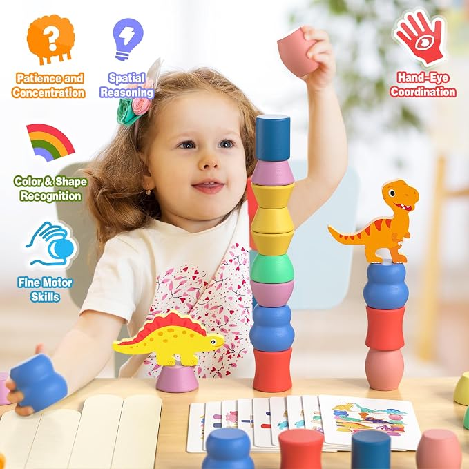 Montessori Dinosaur Toys for 1 2 3 4 Year Old Toddlers, Preschool Education Toys for Ages 2-4 Boys Girls Kids, Wooden Dinosaur Blocks Sorting & Stacking & Balance Toy, Educational Birthday Gift - Image 3