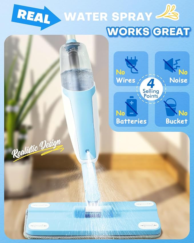Kids Spray Mop, Blue Toddler Cleaning Set with Refillable Water Spray Tank, Lightweight Pretend Play Mop Toy for Boys Girls, Montessori Housekeeping Toy Gift - Image 5