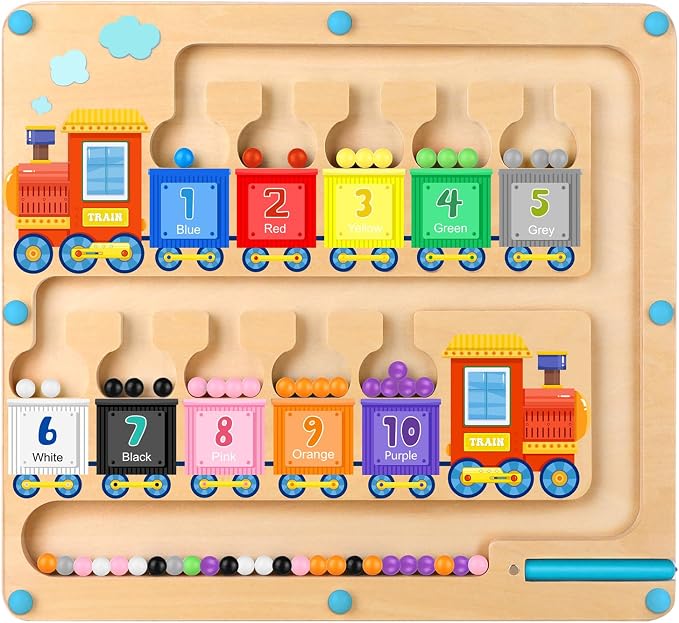 wakeInsa Magnetic Color and Number Maze,Montessori Toys for 2-5 Years Old Boys,Wooden Magnet Balls Puzzles,Toddler Busy Board,Preschool Learning Activities,Christmas & Birthday Gift for Kids by WakeInsa