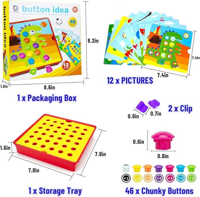 Button Art Pegboard for Toddlers - 12 Pics & 46 Buttons, Gift 3+ - Image 2