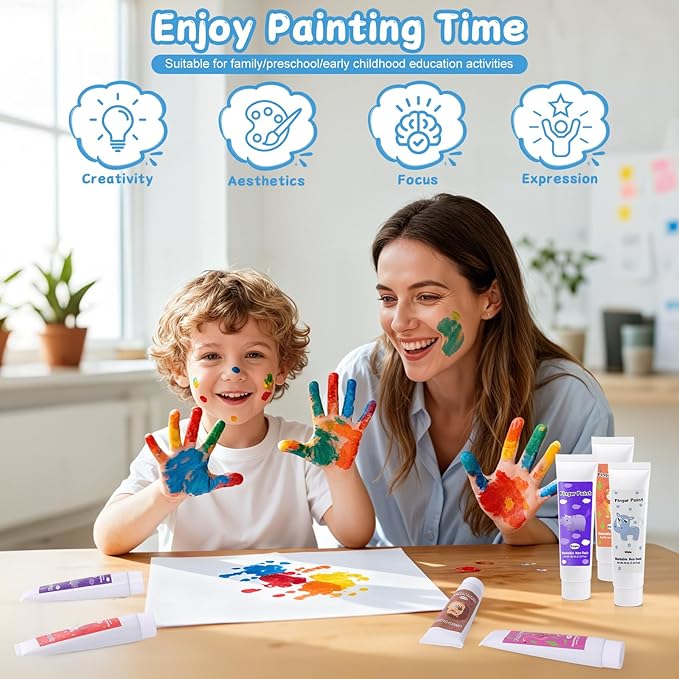 Washable Finger Paint for Toddlers 1-3, Safe Non-Toxic, 12 Vibrant Colors (1.22fl oz/36ml), Baby Safe Paint for Hand and Feet, DIY Mess Free Art Supplies, Preschool Learning Christmas Gifts