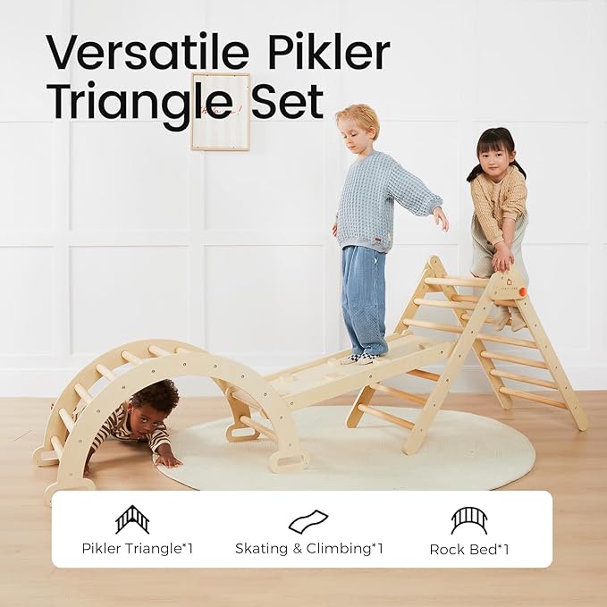 Tiny Land Pikler Triangle Set, 7-in-1 Foldable Pikler Triangle Climbing Toys Set for Kids,Baby Indoor Playground Jungle Gym, Wooden Montessori Climbing Set for Toddler (Natural)