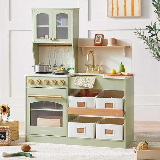 Tiny Land Play Kitchen for Kids with Enhanced Storage – Modern Toddler Kitchen Playset with Stove, Sink & Accessories, Organized Wooden Toy Kitchen, Ideal for Toddlers