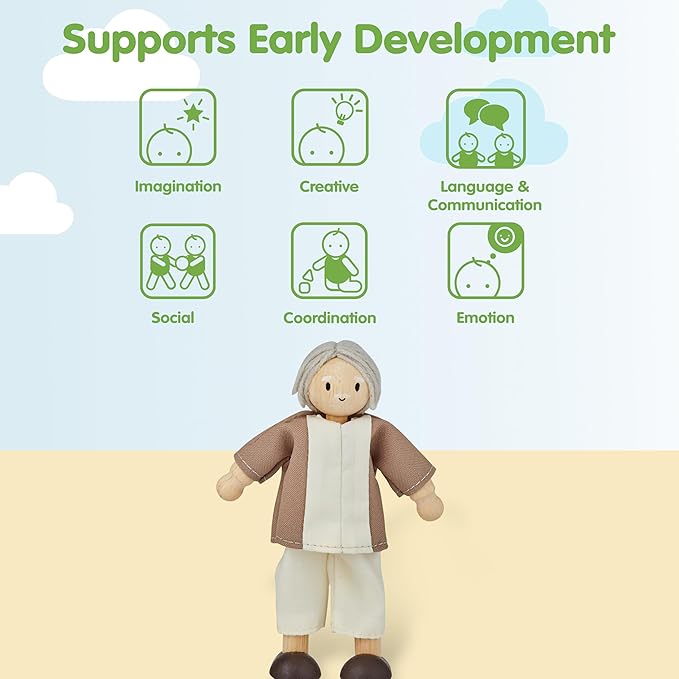 PlanToys® Grandfather Dollhouse Figure - Fair Skin Tone | Poseable 1:12 Scale Dollhouse People | Montessori Pretend Play Doll with Bendable Arms & Legs | Eco-Friendly Wooden Figurine for Kids