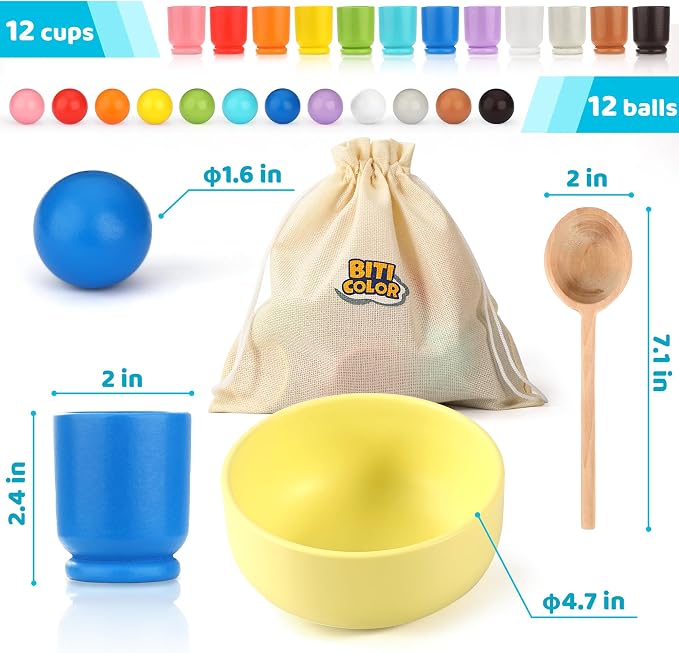Ball in Cup Montessori Wooden Rainbow Color Sorting Toy for Toddlers - Preschool Color Matching - 12 Balls 40mm - Image 6