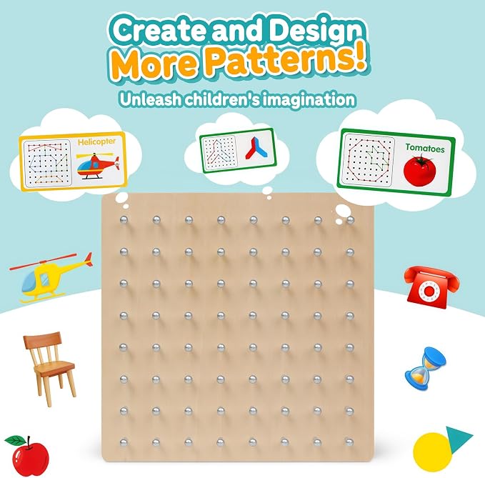 Wooden Geoboard, Montessori STEM Toy with Pattern Cards for Kids Ages 3+ - Image 3