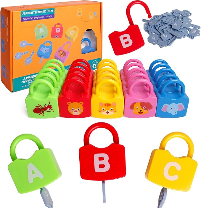 Dinhon Color Alphabet Learning Lock Toys Educational Letter Combination-with 26 Locks, 26 Keys Montessori Preschool Alphabet Learning Game for Ages 3 yrs+ by Dinhon