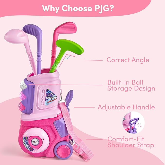 PJG Toddler Golf Set with Mat, Plastic Kids Golf Clubs 3-5 with 4 Golf Clubs and 10 Balls, Indoor and Outdoor Golf Toys with Cart for Toddlers Boys and Girls Aged 1 2 3 4 5 Years Old Birthday (Pink)