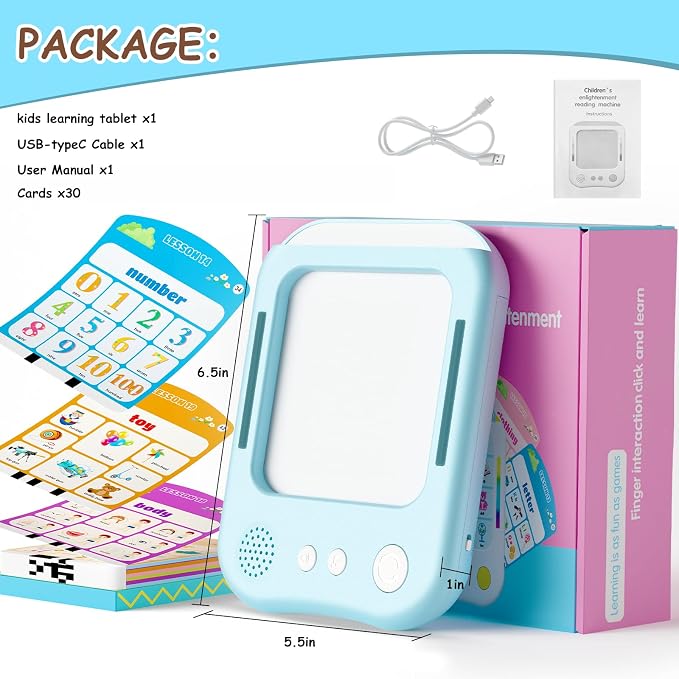 Interactive Educational Learning Tablet Toy for Kids,Screen-Free Phonics Learning Toy with 30 Flash Cards for Alphabets, Numbers, Words, Animals, Learn to Read for Boys Girls 3-5 Years Old, Blue - Image 5