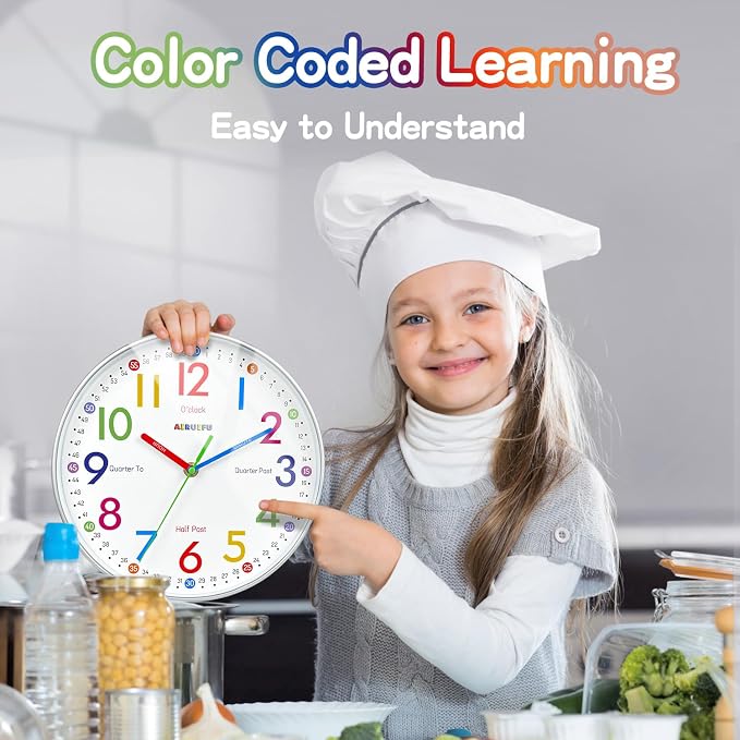 Wall Clock for Kids Learning Tell Time Easily Non-Ticking Battery Operated Kids Teaching Time Clock- Analog Colorful Clock Decorative for Kids Room,Classroom,School,nursery school,playroom(10 Inch) - Image 3