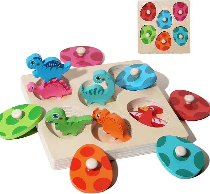 Wooden Dinosaur Egg Peg Puzzle, Montessori Color Matching Learning Toy, Fine Motor Skills Developmental Game, Early Educational Sensory Gifts for 12-18 Months, 1 2 Year Old Toddler Boys Girls by WISBOOK