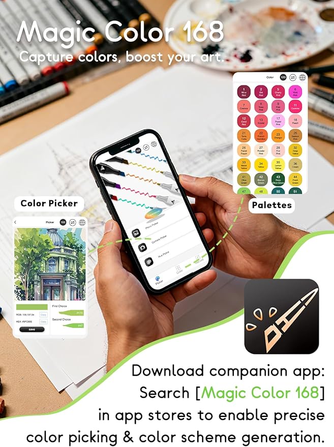 168+2 Colors Alcohol Markers with Free App, Chisel & Fine Tip Alcohol-Based Marker Set for Adults, Dual Tip Artist Markers for Drawing, Coloring Illustration, Painting and Great Gift Idea