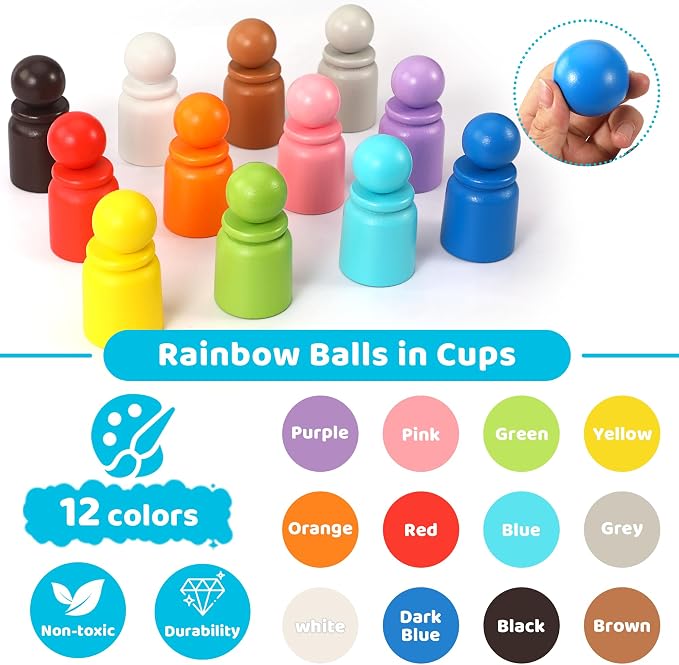 Ball in Cup Montessori Wooden Rainbow Color Sorting Toy for Toddlers - Preschool Color Matching - 12 Balls 40mm - Image 3