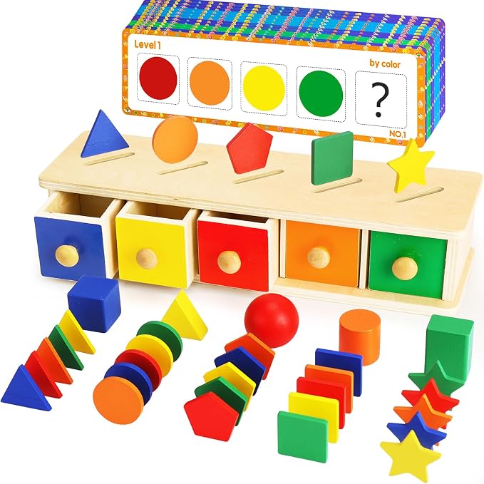 Peacurh Montessori Toys Wooden Color & Shape Sorter Toys for Toddlers, Matching Box Sorting Blocks Manipulatives Preschool Learning Educational Toy for 3 4 Year Old Boy Girl Kid Gifts by Peacurh