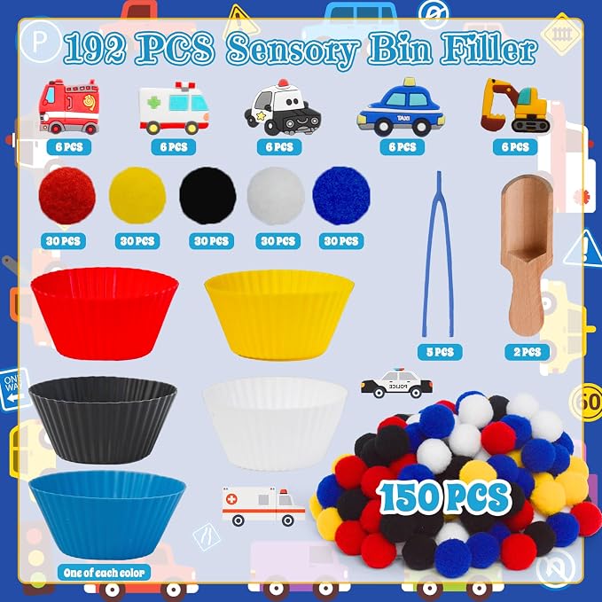 192pcs Back to School Cars Sensory Bin Filler Fine Motor Toys Transportation Toys Sensory Bin Items Toy Ambulance Fire Engine Police Car Excavator Taxi for Preschool Education Activities - Image 3