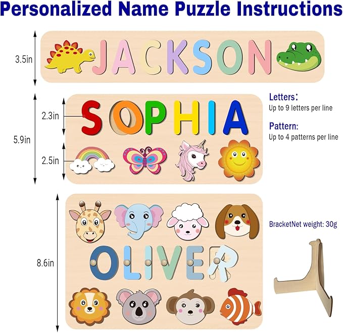 Name Puzzle for Kids Personalized, 1st Birthday Girl and Boy, Custom Baby Easter Gifts with Engraved Text on Back, Montessori Learning Toys for Boy & Girl (Blue Gradient)