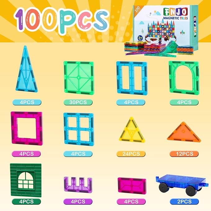 FNJO Magnetic Tiles, 100PCS Building Blocks, STEM Magnets Building Toy Set, Preschool Kindergarten Construction Stacking Toy, School Teacher Supplies, Classroom Must Haves - Image 4