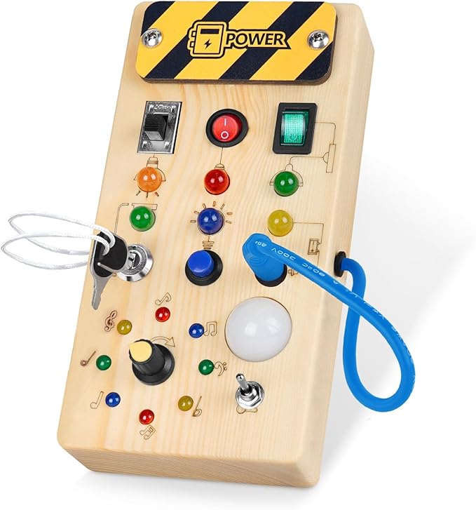 Hoarosall Montessori Wooden Busy Board with 8 LED Light switches, Sensory Toys Light Switch Travel Toys for 1+ Year Old Baby and Toddler