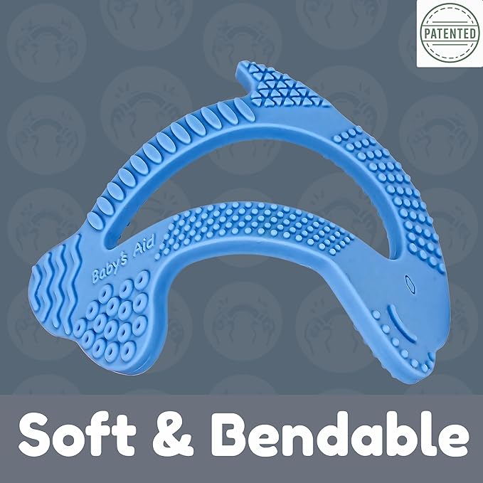 Dolphin Silicone Teether Toy with 8 Texture Zones, Easy Grip for Little Hands, Ages 3M+, Baby’s Aid (Blueberry)