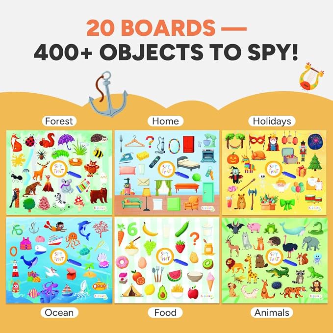Flashcards Spy that! by Kidrox Squad – Spy that Letter Game for Kids Ages 3+, 20 Double-Sided Picture Search Boards with 400+ Objects, Alphabet Learning Game for Toddlers and Families - Image 5