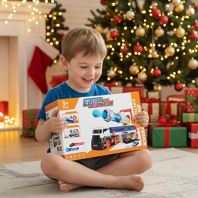 Transport Truck Toys for Kid Boys 3-5, EVA Ball Launcher Car Toys for Kids, Garage Car Toys with Light & Sound, Shooting Toy Sets, Christmas Birthday Gifts for Kid Boys Age 3 4 5 6